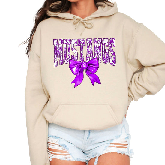 Purple floral Mustangs coquette bow hoodie for women and teen girls in Sand, photo 4
