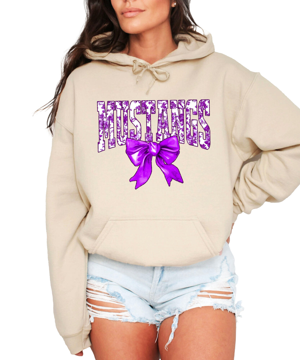 Purple floral Mustangs coquette bow hoodie for women and teen girls in Sand, photo 4