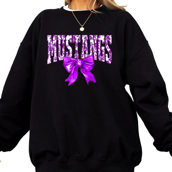 Mustangs purple floral coquette bow sweatshirt for women, Black crewneck - image 1