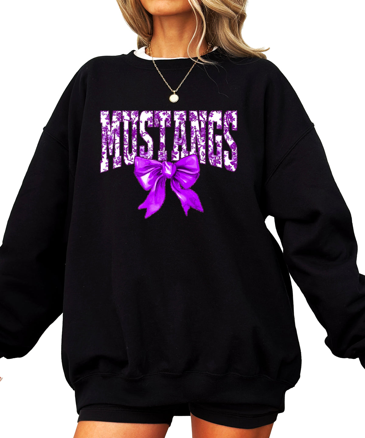 Mustangs purple floral coquette bow sweatshirt for women, Black crewneck - image 1