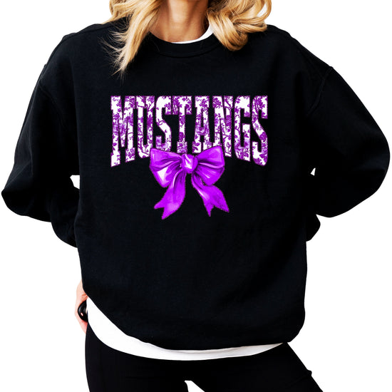 Mustangs purple floral coquette bow sweatshirt for women, Black crewneck - image 2