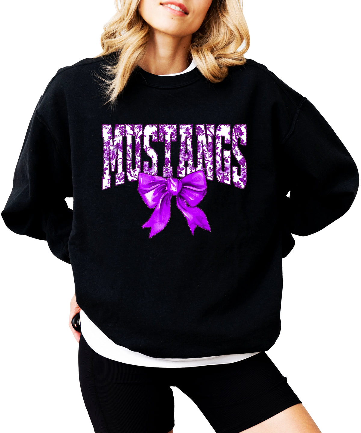 Mustangs purple floral coquette bow sweatshirt for women, Black crewneck - image 2