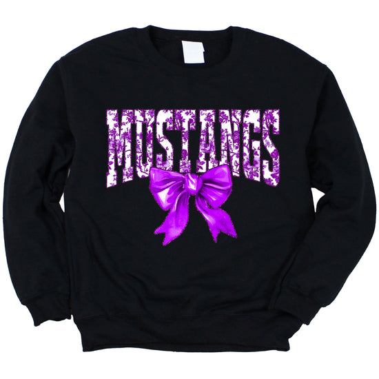 Mustangs purple floral coquette bow sweatshirt for women, Black crewneck - image 3