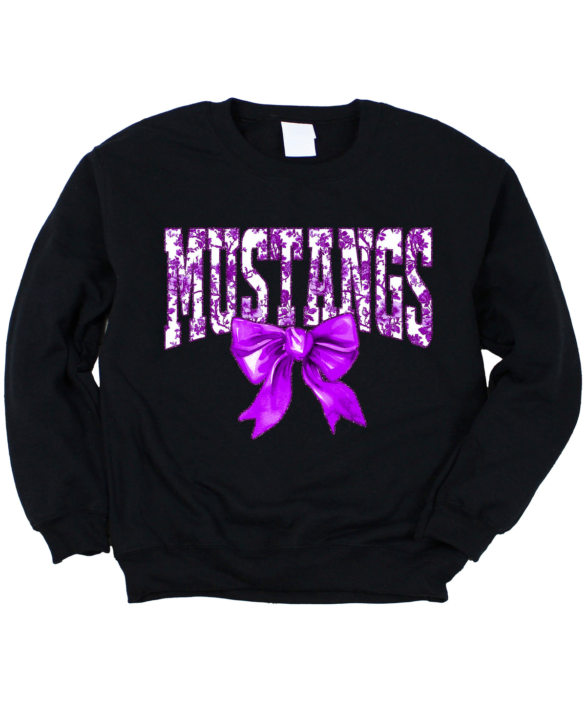 Mustangs purple floral coquette bow sweatshirt for women, Black crewneck - image 3