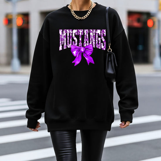 Mustangs purple floral coquette bow sweatshirt for women, Black crewneck - image 4
