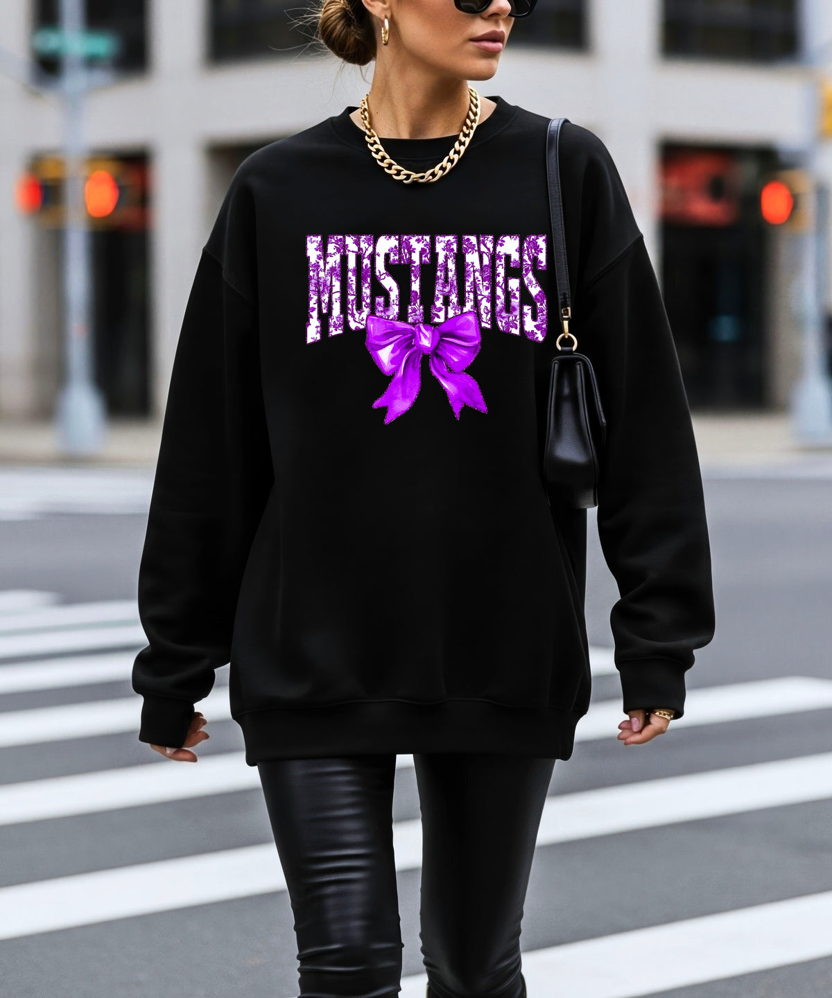 Mustangs purple floral coquette bow sweatshirt for women, Black crewneck - image 4