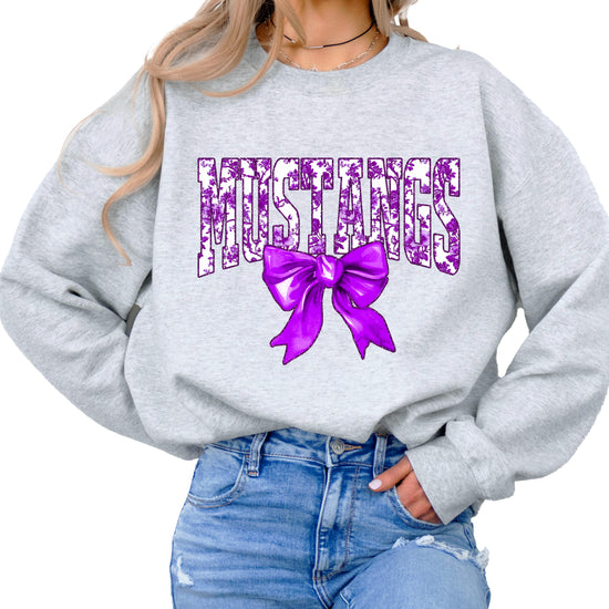 Mustangs purple floral coquette bow sweatshirt for women, Gray crewneck - image 1