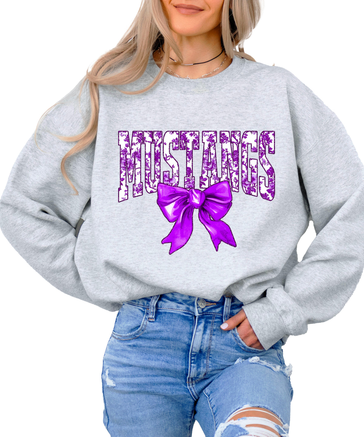 Mustangs purple floral coquette bow sweatshirt for women, Gray crewneck - image 1