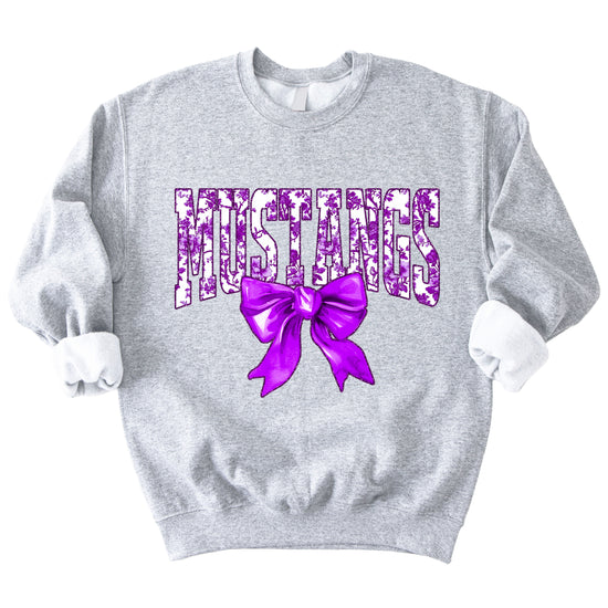 Mustangs purple floral coquette bow sweatshirt for women, Gray crewneck - image 3