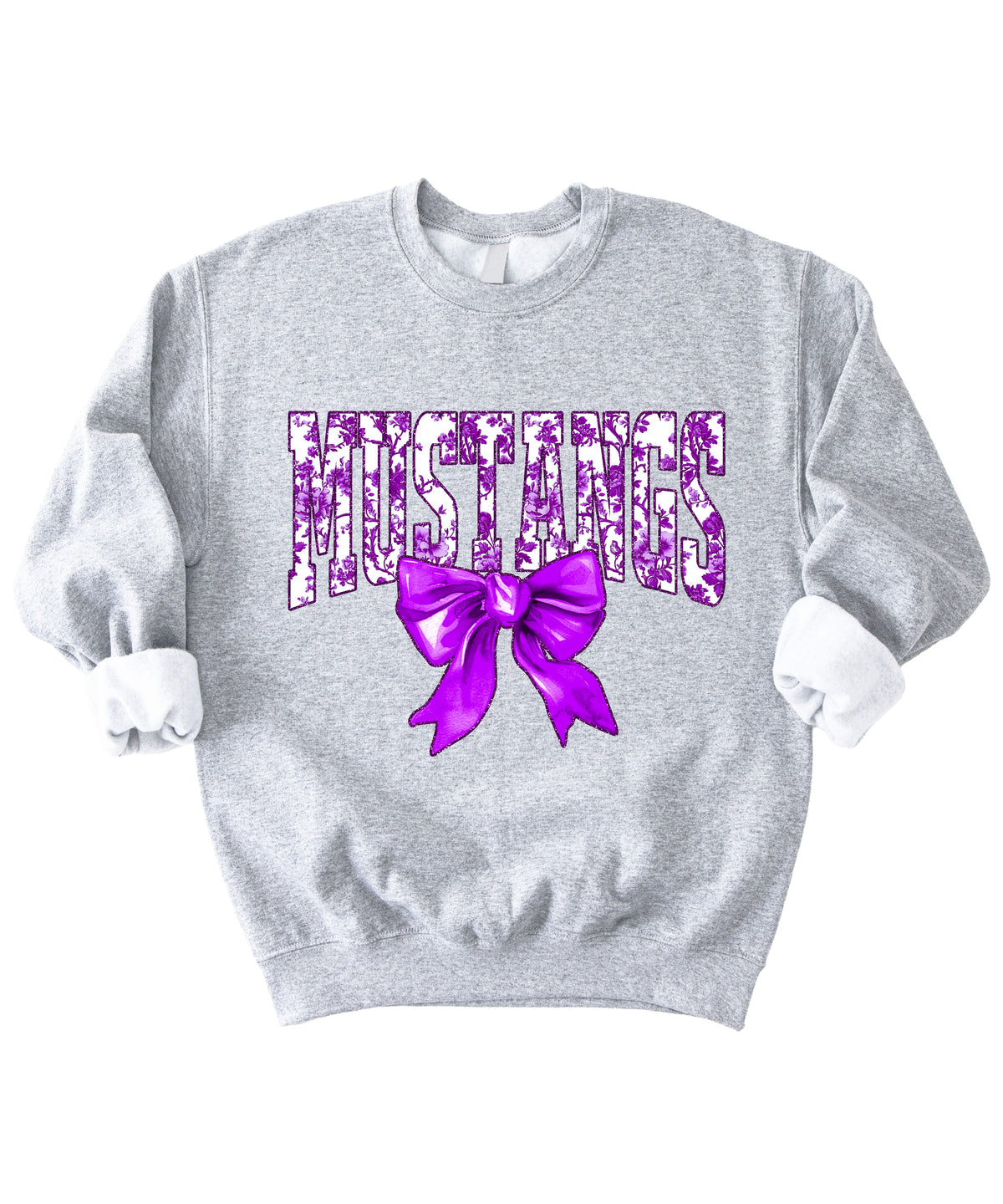 Mustangs purple floral coquette bow sweatshirt for women, Gray crewneck - image 3