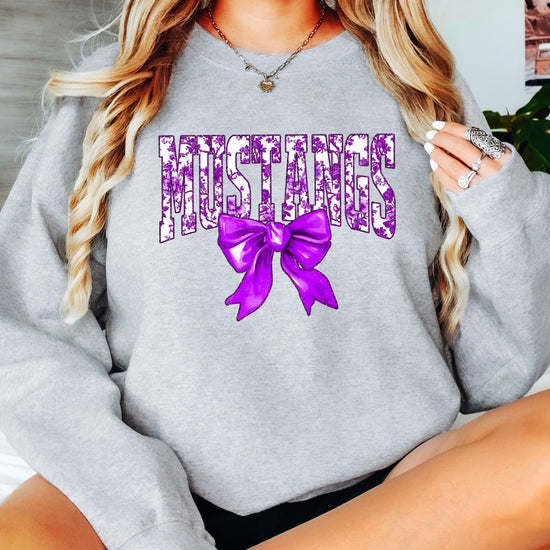 Mustangs purple floral coquette bow sweatshirt for women, Gray crewneck - image 4