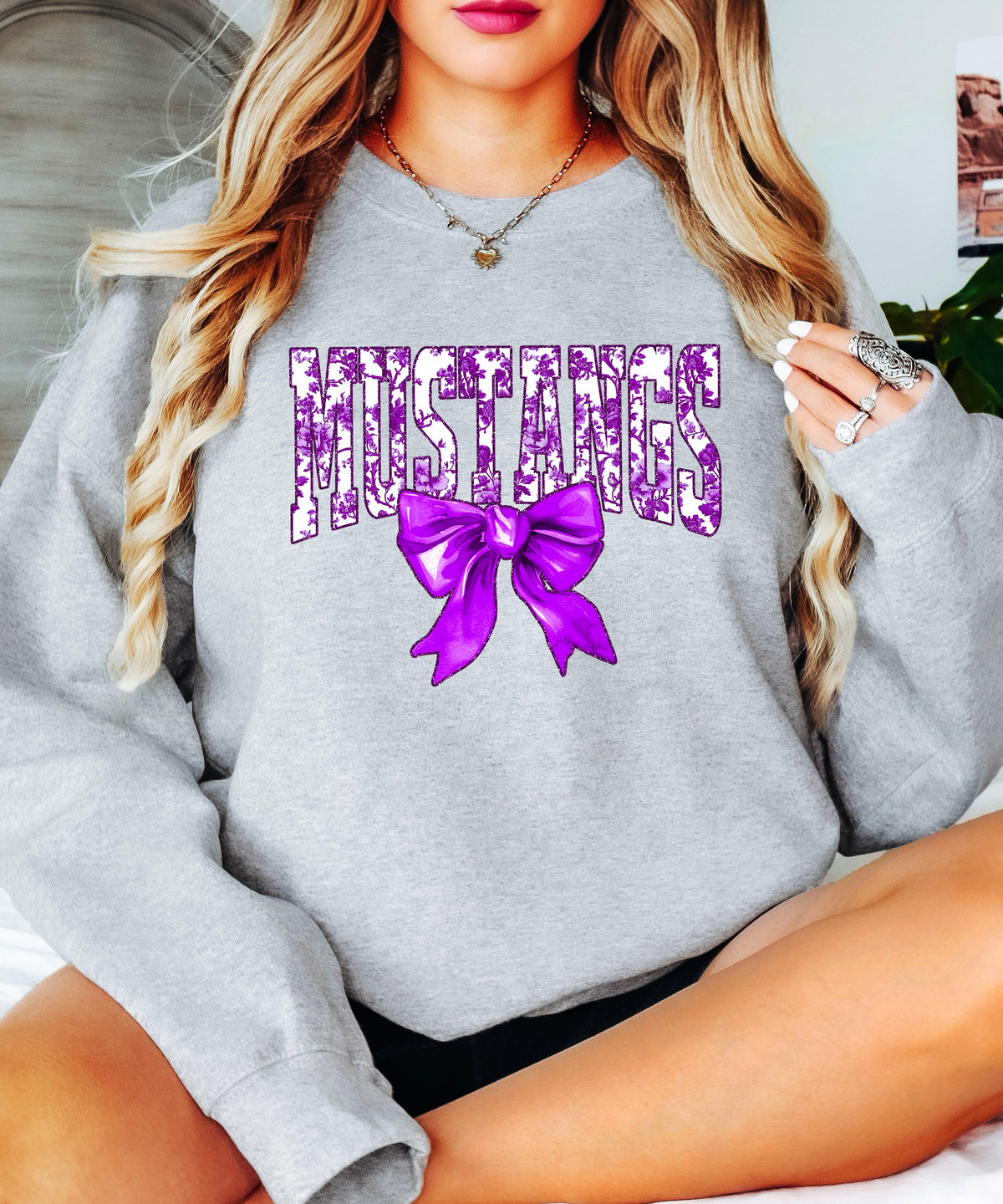 Mustangs purple floral coquette bow sweatshirt for women, Gray crewneck - image 4
