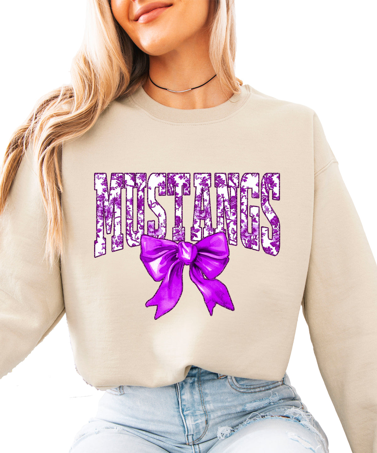 Mustangs purple floral coquette bow sweatshirt for women, Sand crewneck - image 1