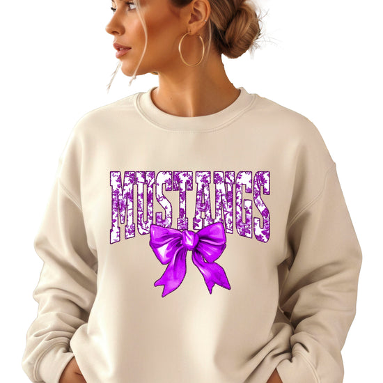 Mustangs purple floral coquette bow sweatshirt for women, Sand crewneck - image 2