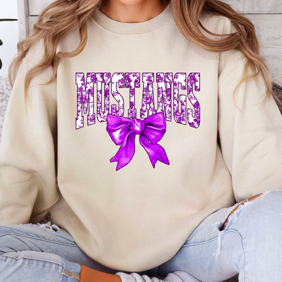 Mustangs purple floral coquette bow sweatshirt for women, Sand crewneck - image 4