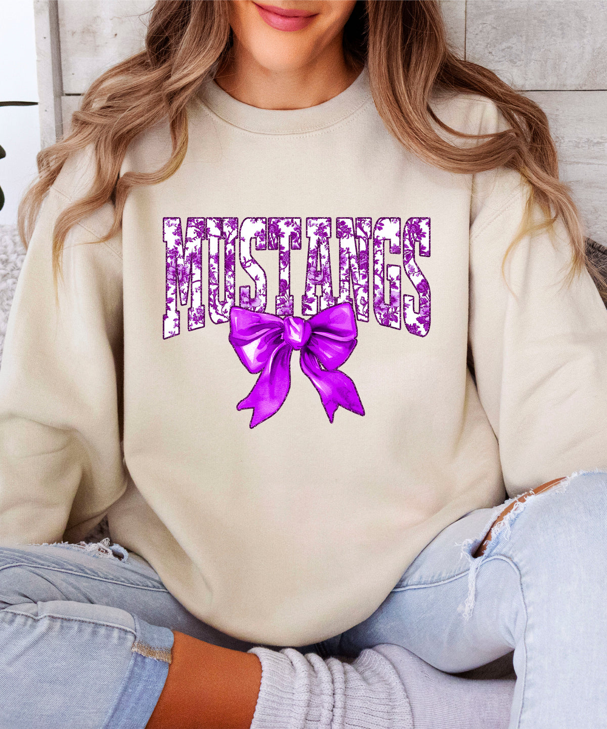 Mustangs purple floral coquette bow sweatshirt for women, Sand crewneck - image 4