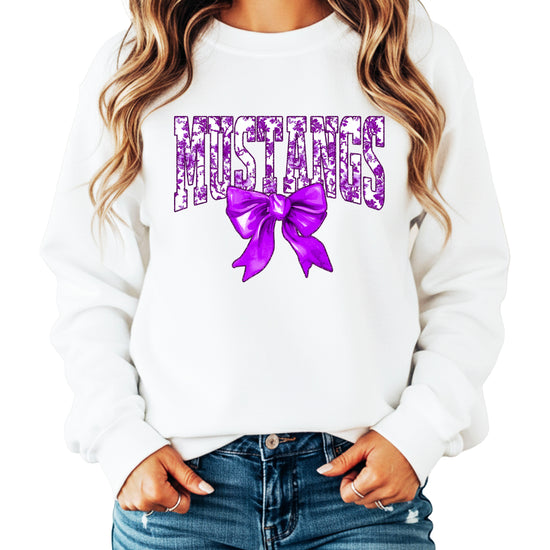 Mustangs purple floral coquette bow sweatshirt for women, White crewneck - image 1