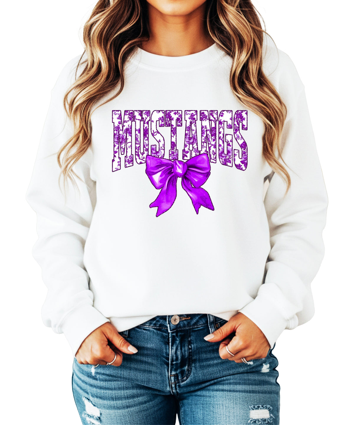 Mustangs purple floral coquette bow sweatshirt for women, White crewneck - image 1
