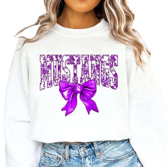 Mustangs purple floral coquette bow sweatshirt for women, White crewneck - image 2