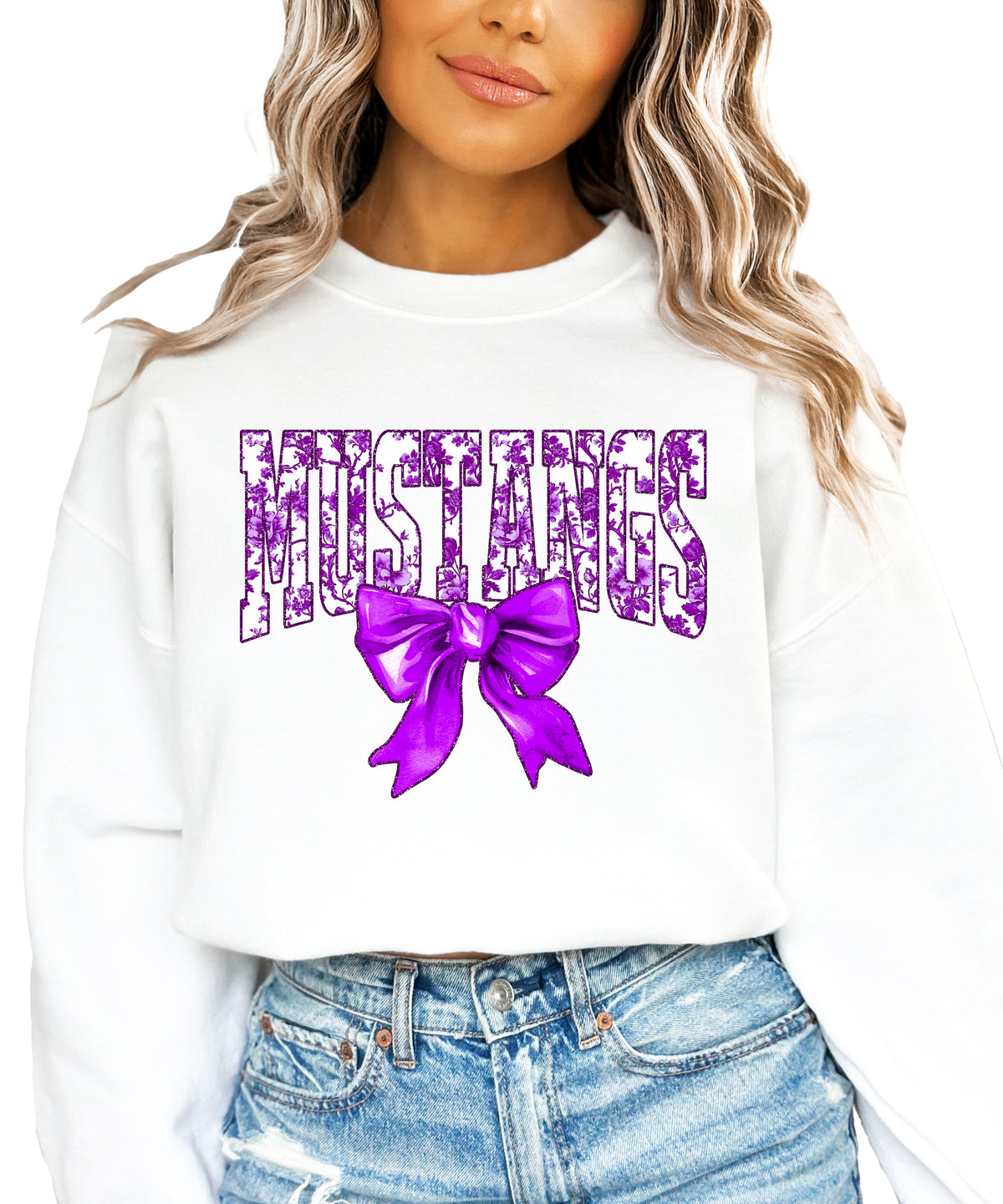 Mustangs purple floral coquette bow sweatshirt for women, White crewneck - image 2