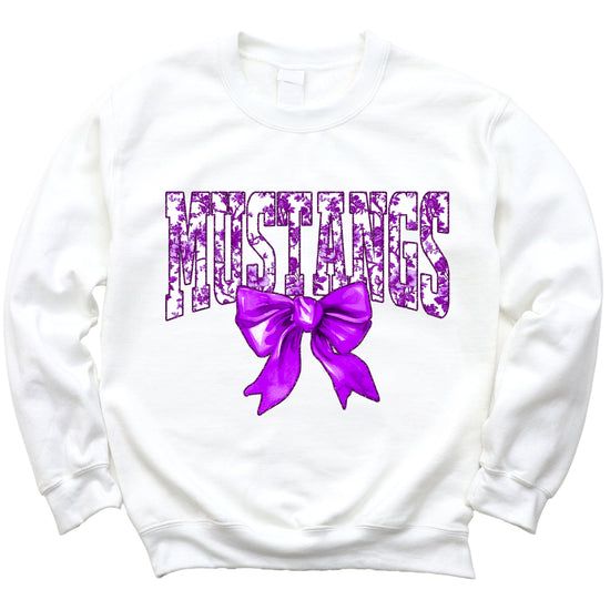 Mustangs purple floral coquette bow sweatshirt for women, White crewneck - image 3