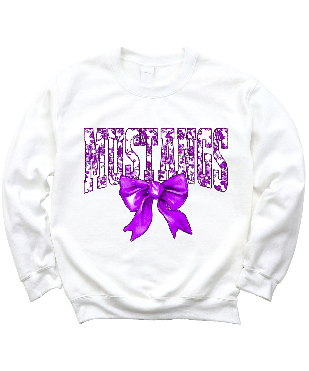 Mustangs purple floral coquette bow sweatshirt for women, White crewneck - image 3