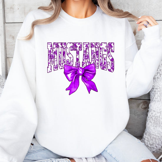 Mustangs purple floral coquette bow sweatshirt for women, White crewneck - image 4