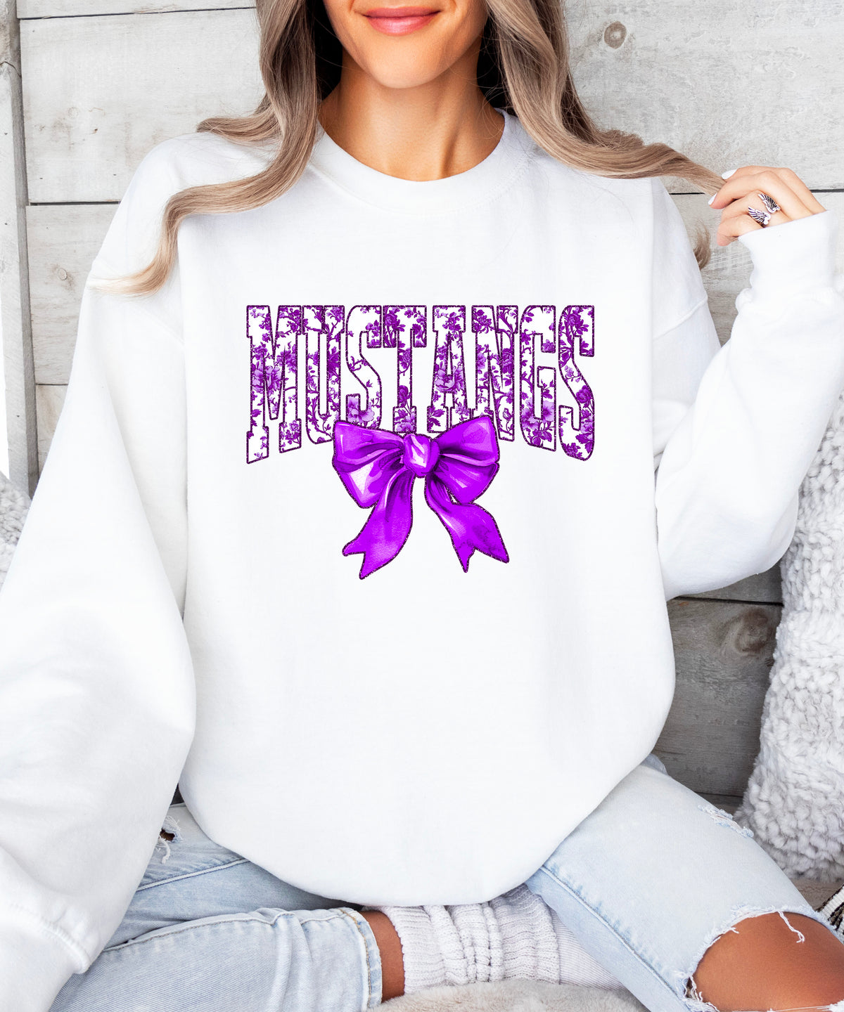 Mustangs purple floral coquette bow sweatshirt for women, White crewneck - image 4