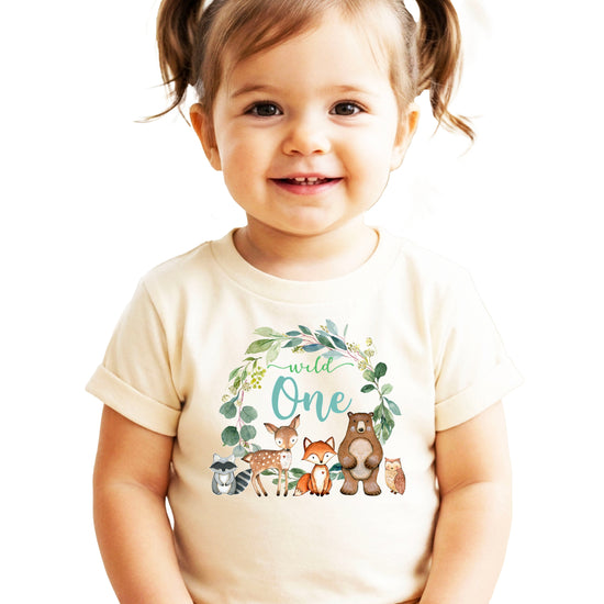 Wild One woodland animals wreath first birthday t-shirt in natural for babies