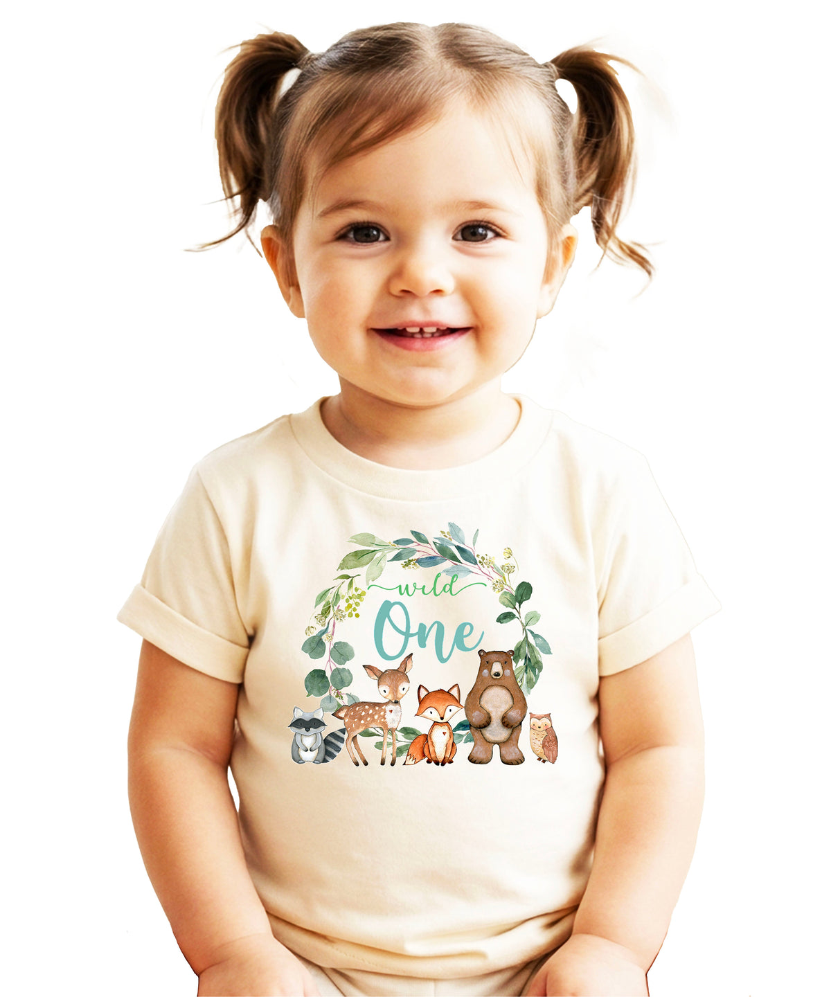 Wild One woodland animals wreath first birthday t-shirt in natural for babies