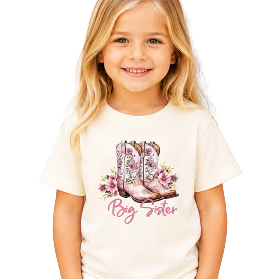 Big Sister floral cowgirl boots shirt for baby, toddler and youth girls in Natural Shirt - view 1
