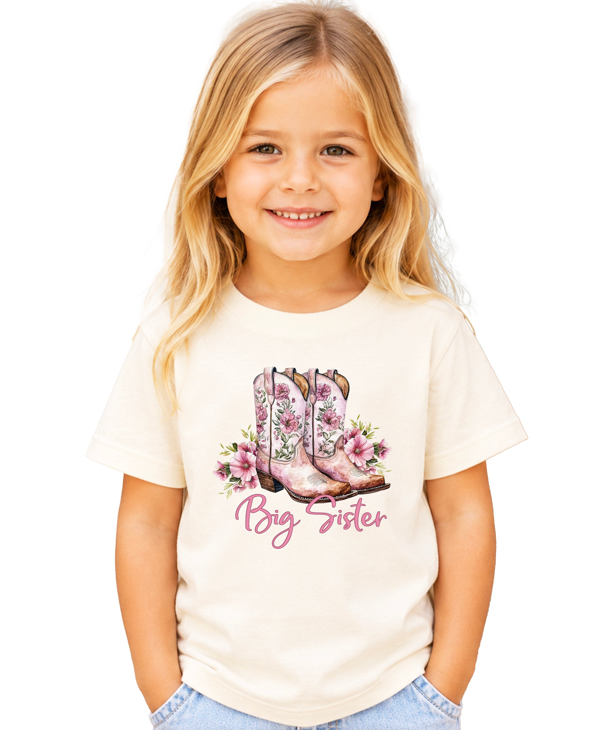 Big Sister floral cowgirl boots shirt for baby, toddler and youth girls in Natural Shirt - view 1