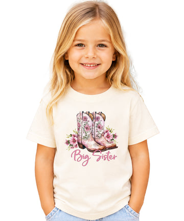 Big Sister floral cowgirl boots shirt for baby, toddler and youth girls in Natural Shirt - view 1