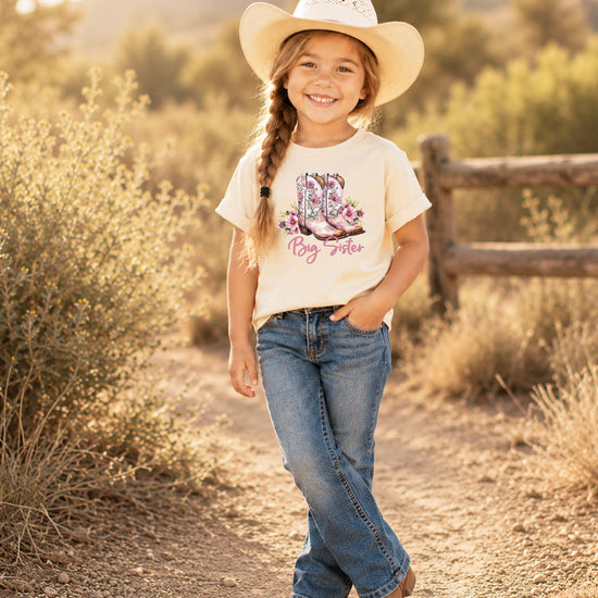 Big Sister floral cowgirl boots shirt for baby, toddler and youth girls in Natural Shirt - view 2