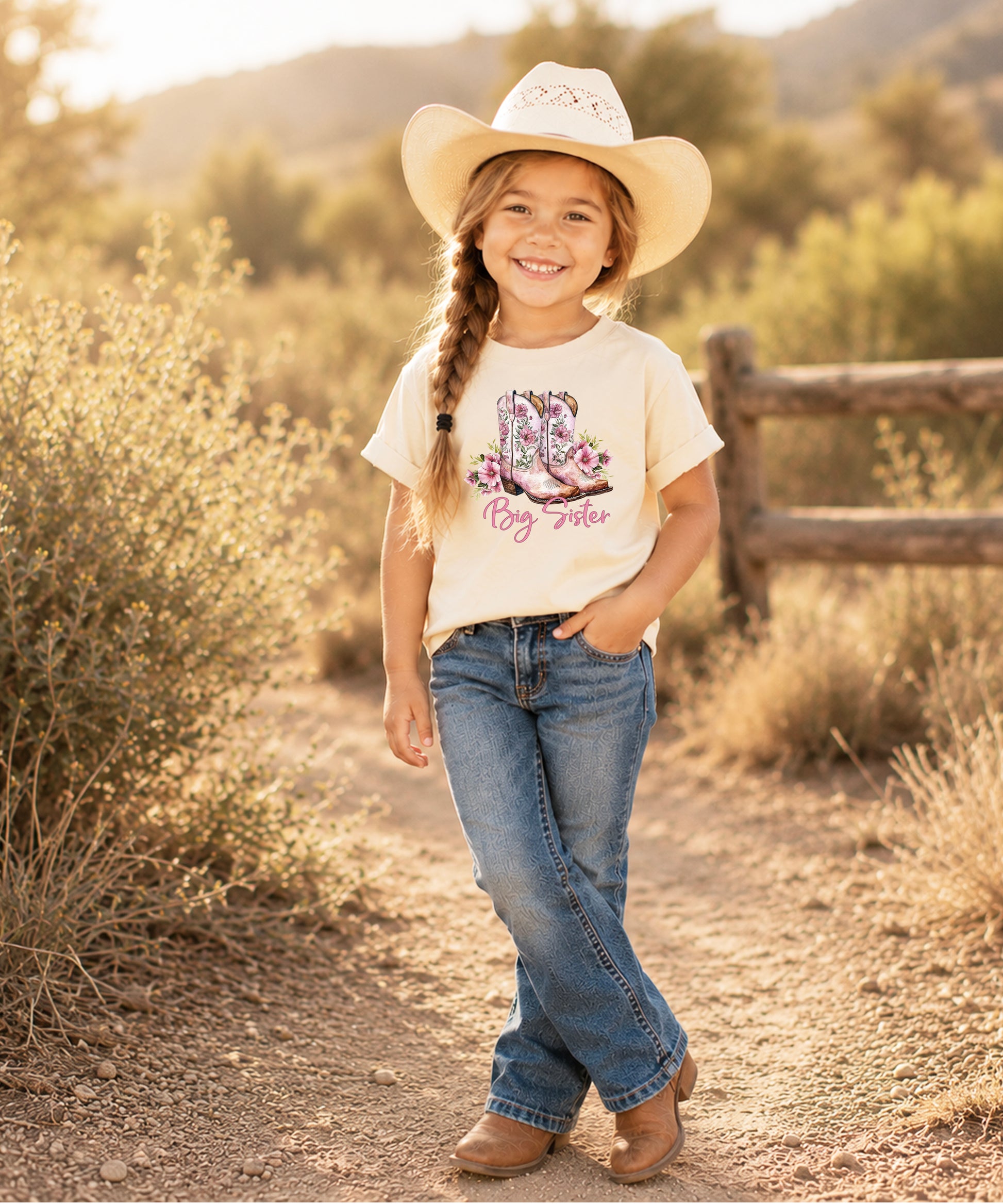Big Sister floral cowgirl boots shirt for baby, toddler and youth girls in Natural Shirt - view 2