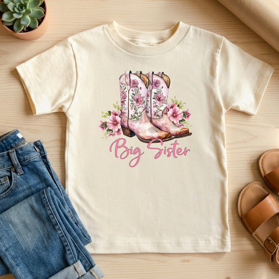 Big Sister floral cowgirl boots shirt for baby, toddler and youth girls in Natural Shirt - view 3
