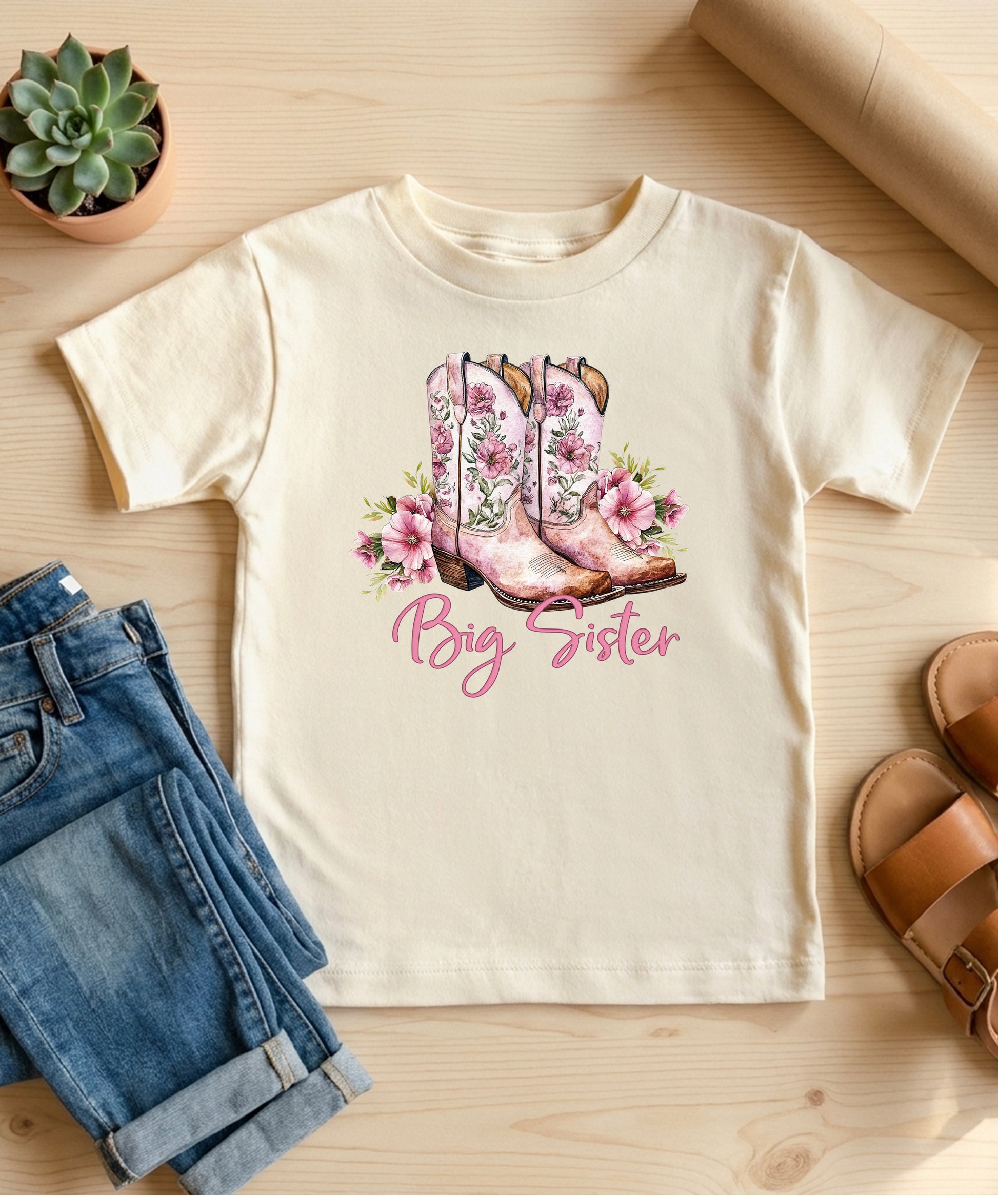 Big Sister floral cowgirl boots shirt for baby, toddler and youth girls in Natural Shirt - view 3