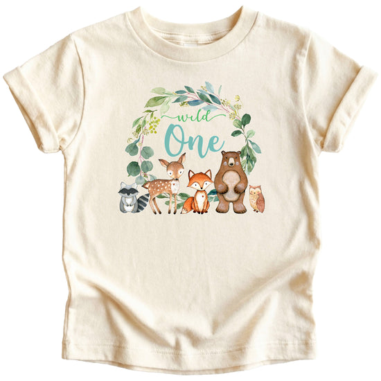 Baby wearing natural Wild One woodland animals first birthday shirt