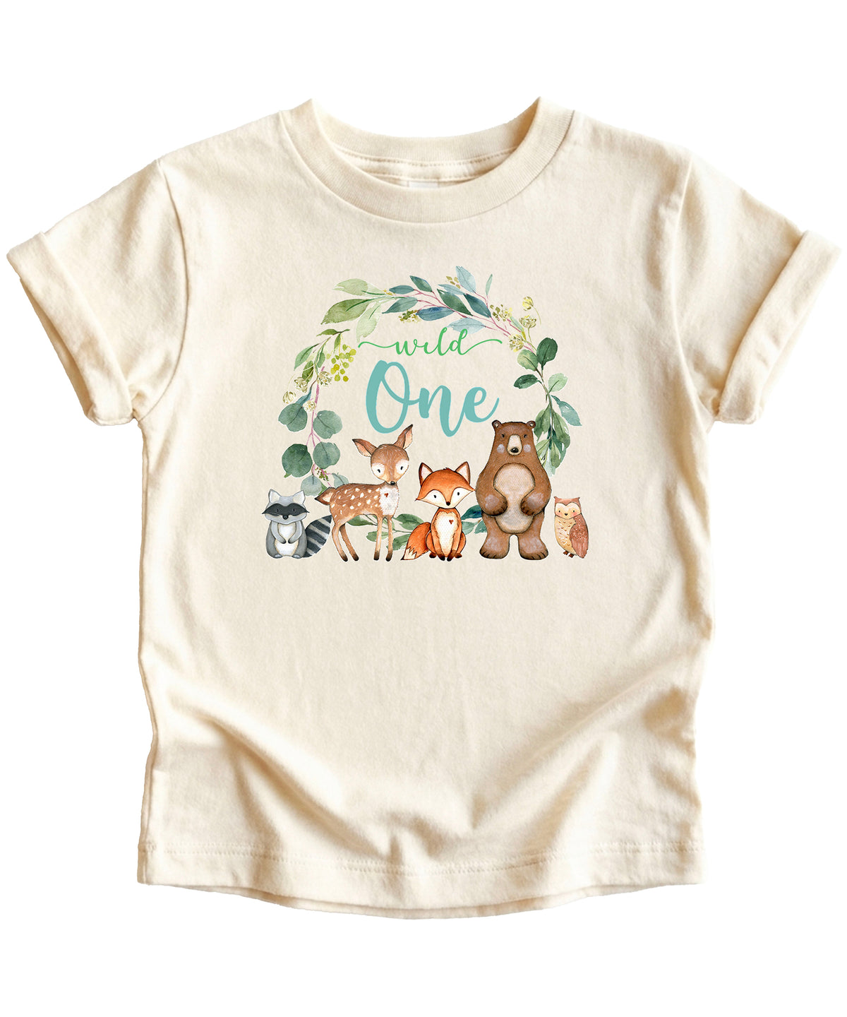 Baby wearing natural Wild One woodland animals first birthday shirt