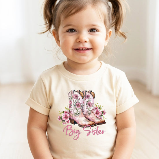 Big Sister floral cowgirl boots shirt for baby, toddler and youth girls in Natural Shirt - view 4