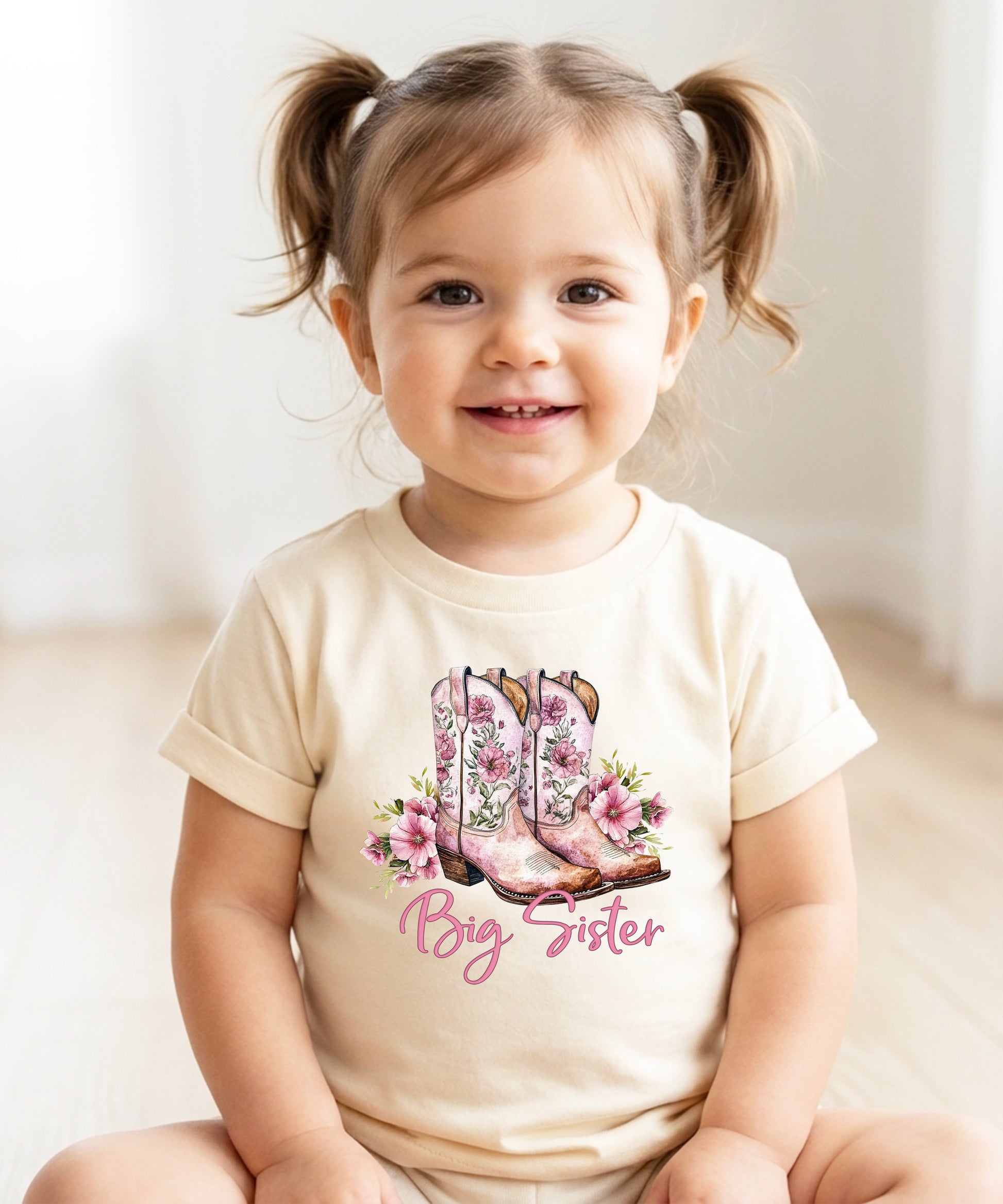 Big Sister floral cowgirl boots shirt for baby, toddler and youth girls in Natural Shirt - view 4