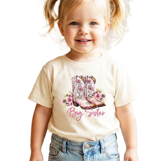 Big Sister floral cowgirl boots shirt for baby, toddler and youth girls in Natural Shirt - view 5
