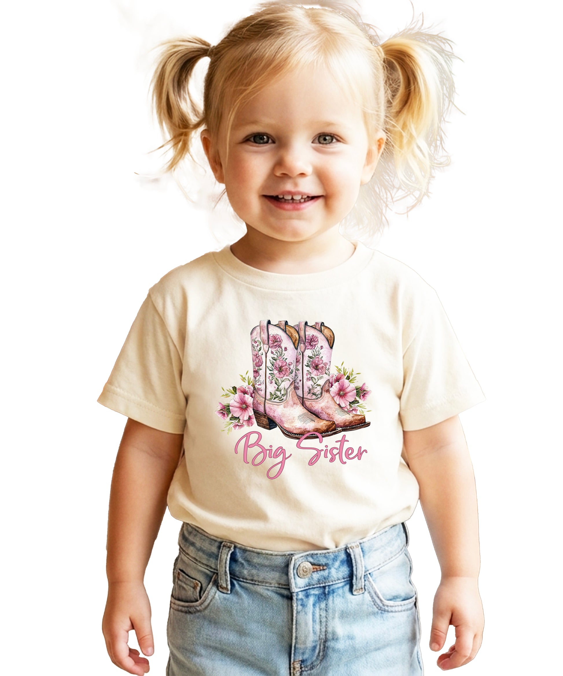 Big Sister floral cowgirl boots shirt for baby, toddler and youth girls in Natural Shirt - view 5