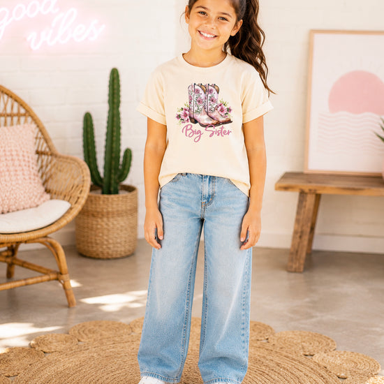 Big Sister floral cowgirl boots shirt for baby, toddler and youth girls in Natural Shirt - view 6