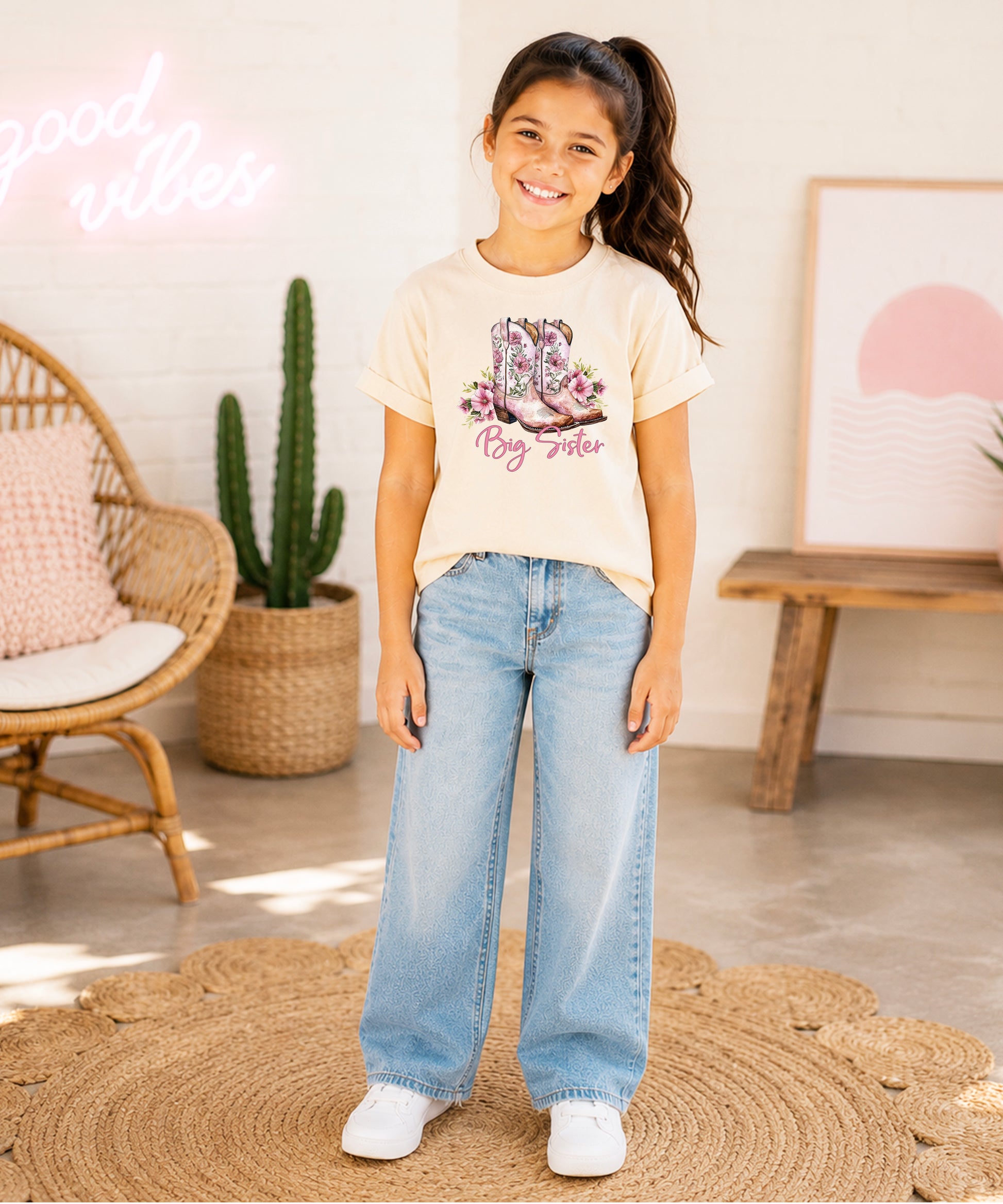 Big Sister floral cowgirl boots shirt for baby, toddler and youth girls in Natural Shirt - view 6