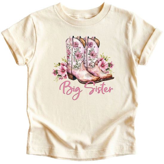Big Sister floral cowgirl boots shirt for baby, toddler and youth girls in Natural Shirt - view 7