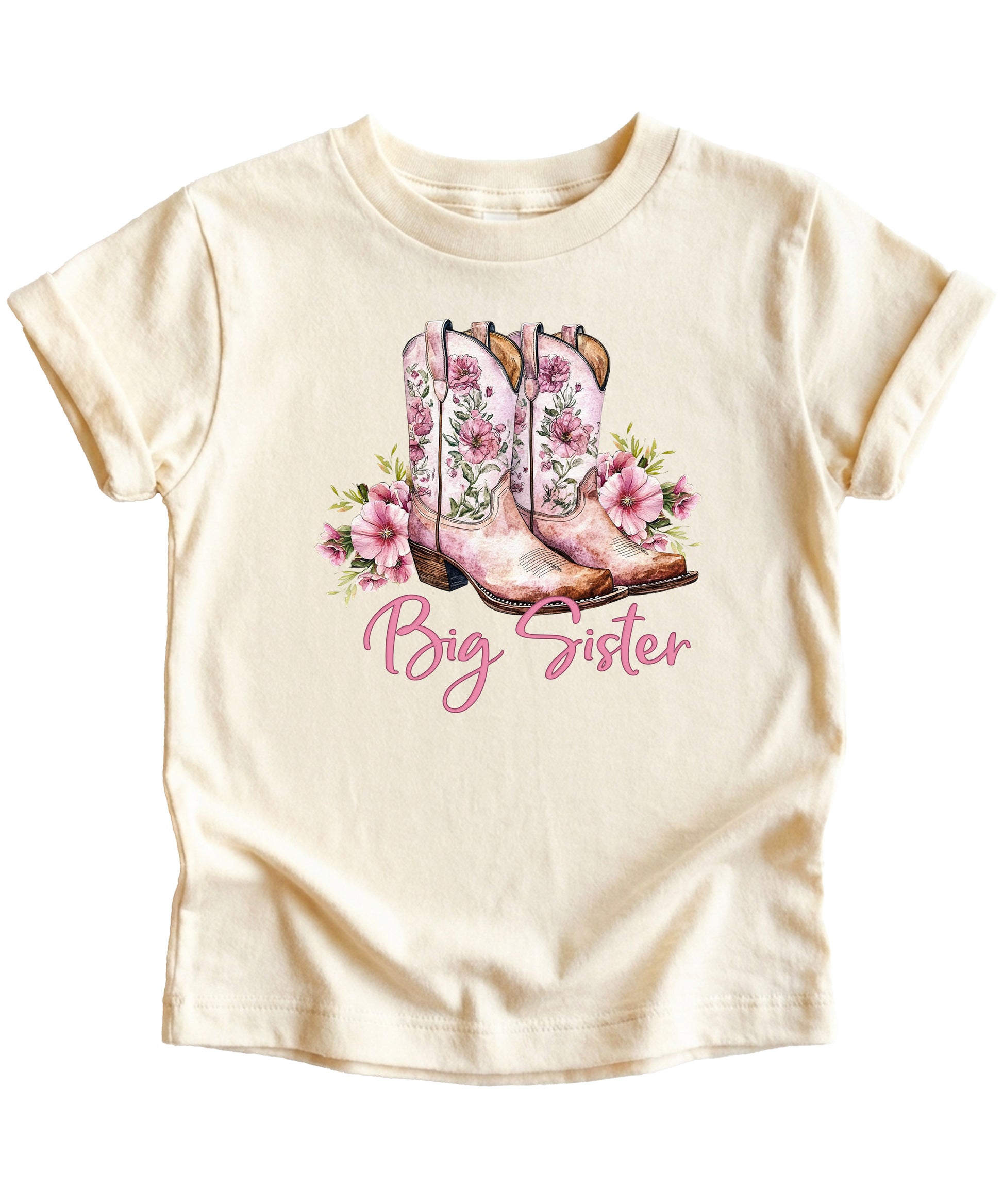 Big Sister floral cowgirl boots shirt for baby, toddler and youth girls in Natural Shirt - view 7