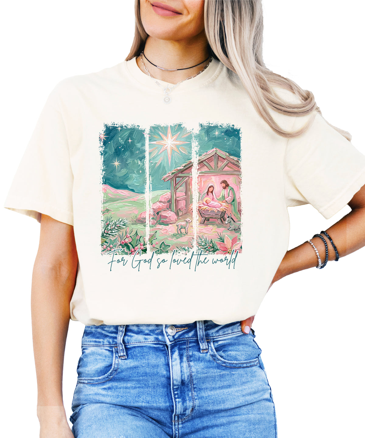 For God So Loved the World nativity Christmas shirt for women, Ivory Comfort Colors tee