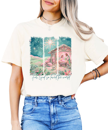 For God So Loved the World nativity Christmas shirt for women, Ivory Comfort Colors tee