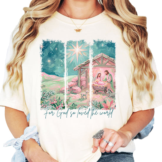 For God So Loved the World nativity Christmas shirt for women, Ivory Comfort Colors tee